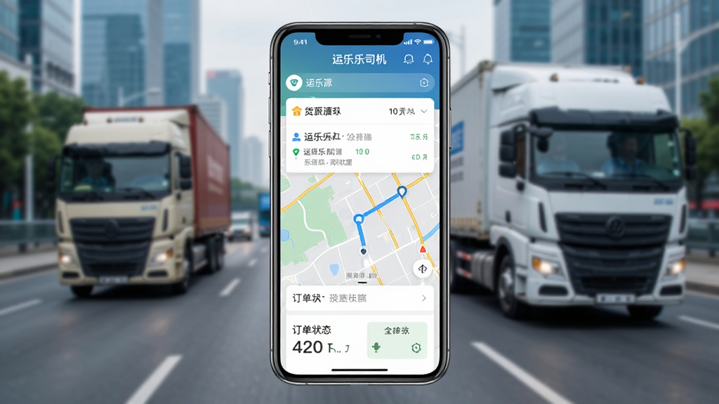 一张展示运乐乐司机软件核心功能的手机应用界面截图,画面中央是手机屏幕,屏幕上显示运乐乐司机APP的主页,包含货源列表、地图导航和订单状态等信息,背景是模糊的城市道路与货车行驶场景,整体风格简洁现代,画质清晰干净,无多余元素