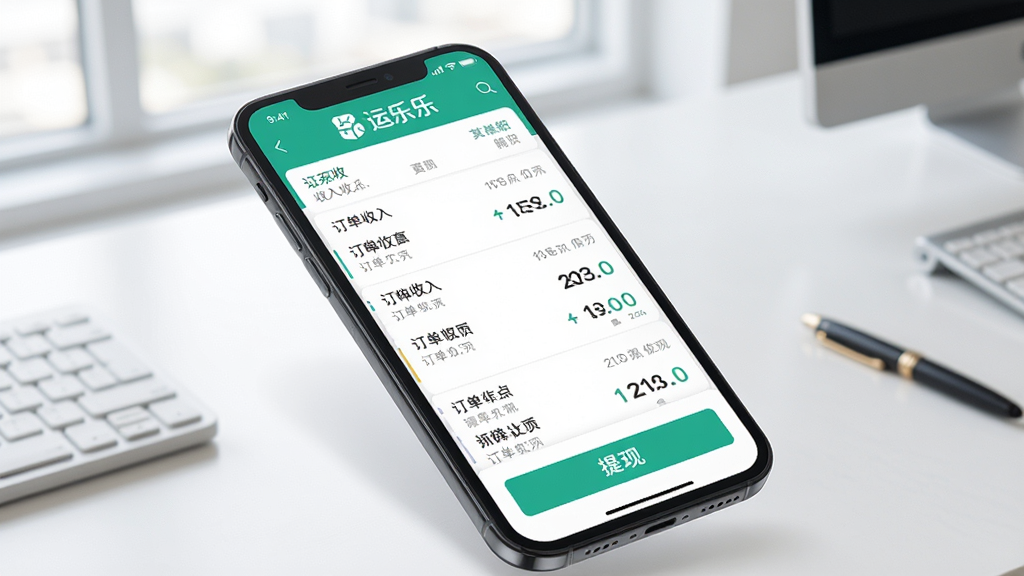 运乐乐司机收入统计页面展示图,画面展示手机屏幕上运乐乐司机的收入明细页面,包含订单收入列表和提现按钮,背景是简洁的办公桌面,风格商务清新,画质清晰,干净无多余元素