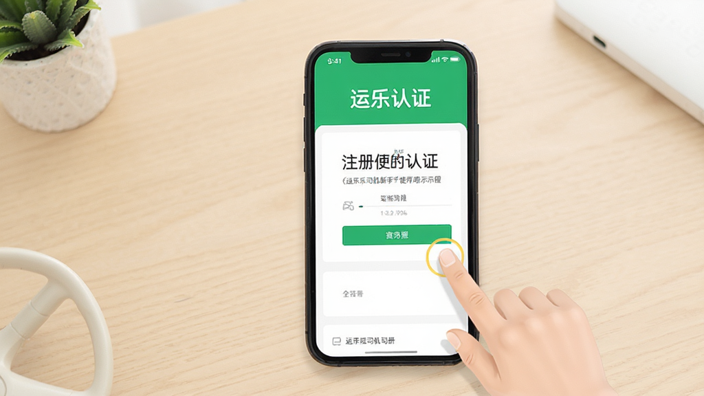 运乐乐司机新手使用教程示意图,画面展示手机屏幕上的运乐乐司机注册认证页面,旁边有手指点击操作的示意,背景为简洁的浅色桌面,风格清晰易懂,画质干净,无多余元素