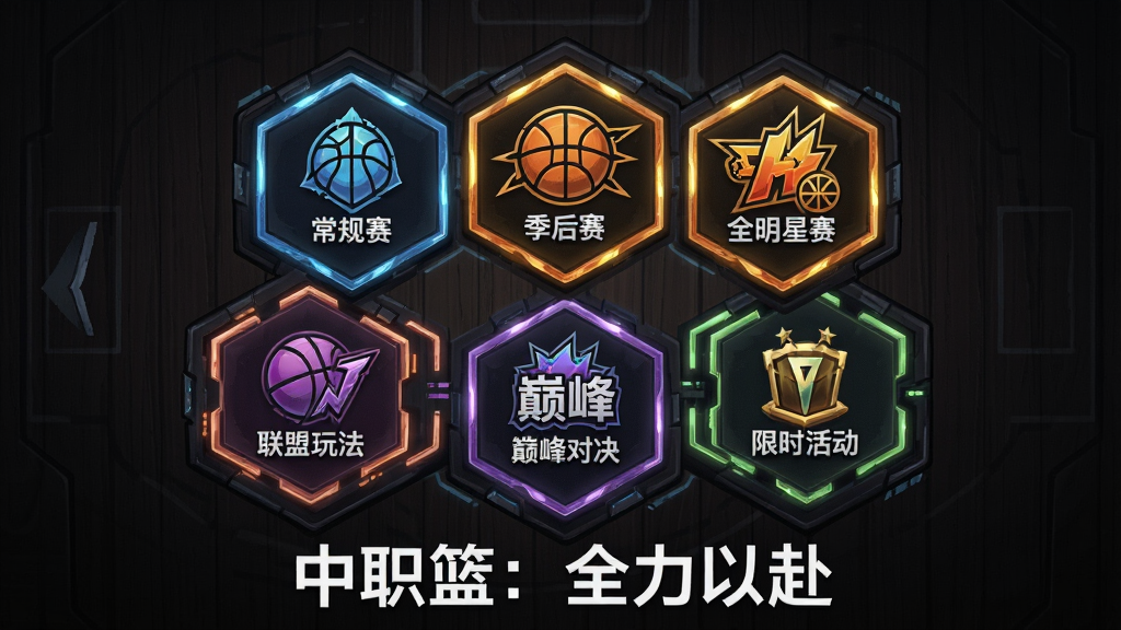 一张篮球游戏模式选择界面的截图风格插画,画面中央是一个六边形蜂窝状的模式选择面板,每个六边形内有一个模式图标,分别代表常规赛、季后赛、全明星赛、巅峰对决、联盟玩法和限时活动,面板背景为深色木质纹理,每个六边形边缘有发光效果,整体布局为中心对称排列,风格为科技运动风,细节上每个图标都有独特的颜色和造型,画质为高清,画面干净无多余元素,图片底部用白色字体写着