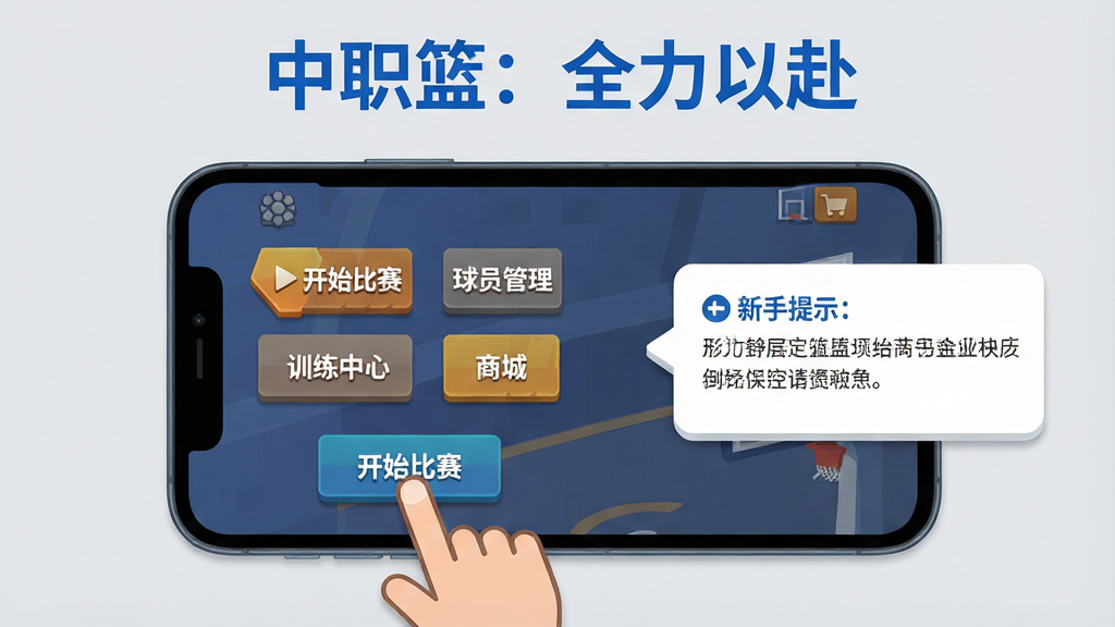 一张手机游戏新手引导界面的插画,画面中央是一个手机屏幕,屏幕上显示着游戏主界面,有