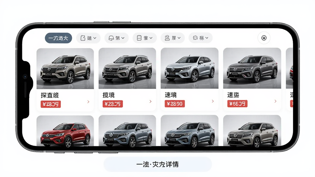 一汽大众APP车型展示页面,主体为手机屏幕呈现多款一汽大众车型缩略图横向排列,布局为上方筛选标签、中部车型卡片网格、下方详情入口,排版整齐有序,风格为明亮清新的汽车电商风格,细节包含探岳、揽境、速腾等车型名称标注与价格标签,画质高清,干净,无多余元素