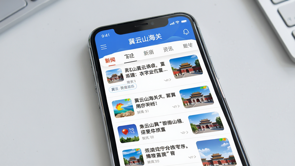 一幅竖版手机应用界面展示图,主体为一部智能手机,屏幕中清晰显示“冀云山海关”APP首页界面,包含新闻资讯列表和顶部导航栏,布局为手机居中放置于浅灰色桌面背景上,排版简洁大方,风格为现代科技感扁平化设计,细节包括手机边框反光、界面中文字清晰可辨、图标色彩鲜明,画质为4K超高清、干净无多余元素