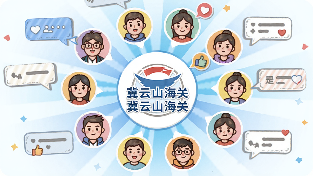 一幅社交互动概念图,画面展示多个用户头像围绕“冀云山海关”标识进行评论和点赞,布局为圆形辐射状,风格为活泼明快的卡通插画,细节包括对话气泡、点赞心形图标、用户头像多样化,画质为高清、干净、无多余元素