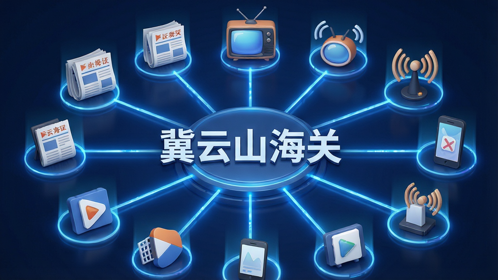 一幅信息流可视化概念图,画面中央是“冀云山海关”文字标识,四周环绕着报纸、电视、广播、手机等多种媒体图标,以蓝色光效线条连接,象征多媒体融合汇聚,布局为放射状构图,风格为科技感数据可视化,细节包括图标立体质感、光晕效果、文字清晰,画质为高清、干净、无多余元素