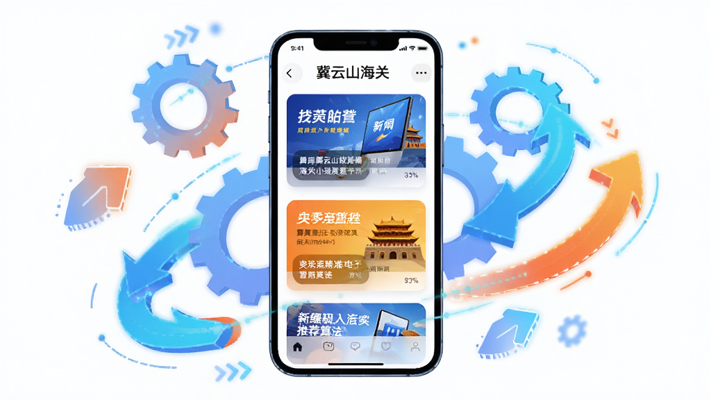 一幅个性化推荐算法概念图,画面中央是“冀云山海关”手机屏幕,屏幕中显示不同类别的新闻卡片,周围有齿轮和推荐箭头图标,布局为手机居中、元素环绕,风格为现代科技感插画,细节包括卡片色彩丰富、箭头动态感、文字清晰,画质为高清、干净、无多余元素