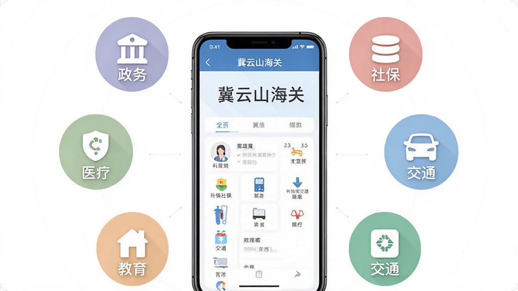 一幅便民服务功能示意图,画面以“冀云山海关”手机界面为中心,周围环绕着政务、社保、交通、医疗、教育等圆形图标,布局为环形排列,风格为清新扁平化设计,细节包括图标颜色柔和、界面简洁、文字标注清晰,画质为高清、干净、无多余元素