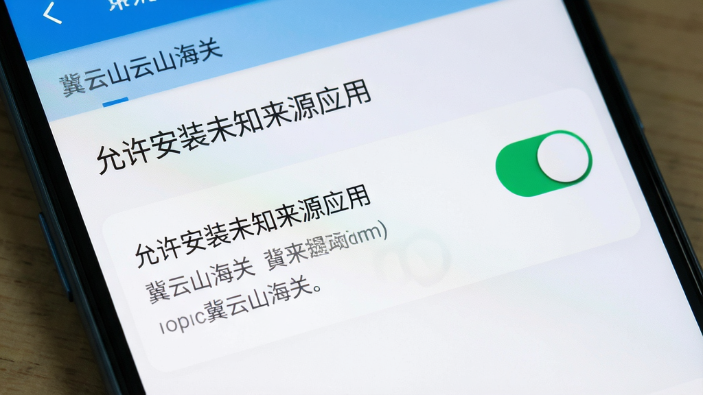 一幅手机安全设置操作示意图,画面展示安卓手机设置界面中“允许安装未知来源应用”的开关按钮,界面文字清晰标注“冀云山海关”安装提示,布局为手机屏幕特写,风格为写实UI截图风,细节包括开关按钮高亮、文字说明清晰、界面干净,画质为高清、干净、无多余元素