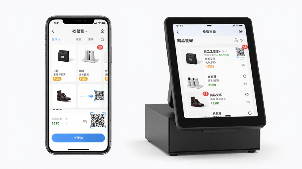 一张展示和多惠商家软件界面的产品宣传图,主体是一部智能手机和一台收银设备并排摆放,屏幕显示收银结算页面和商品管理列表,布局采用左右对称构图,排版简洁清晰,风格为现代商务科技风,细节包含商品缩略图、价格标签、支付二维码、库存数字角标,画质高清,干净,无多余元素