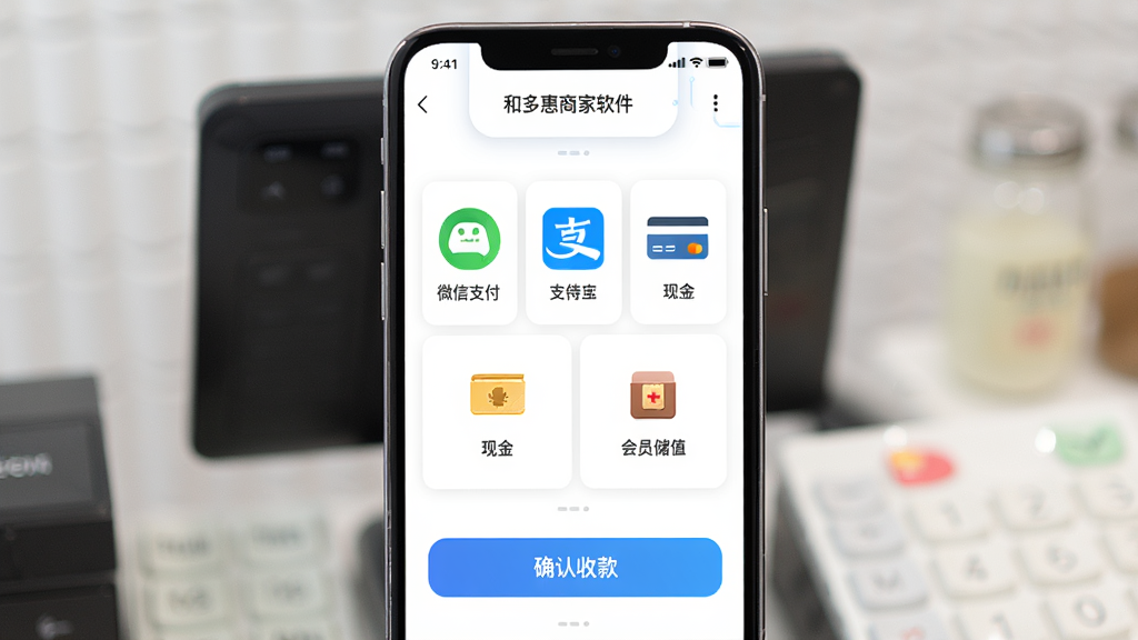 和多惠商家软件中聚合收银结算功能界面展示图,主体为收银台手机屏幕特写,布局居中展示支付方式选择面板,排版分为上下两栏,风格为扁平化科技风,细节包含微信支付图标、支付宝图标、银行卡图标、现金图标、会员储值图标以及确认收款按钮,画质高清,干净,无多余元素