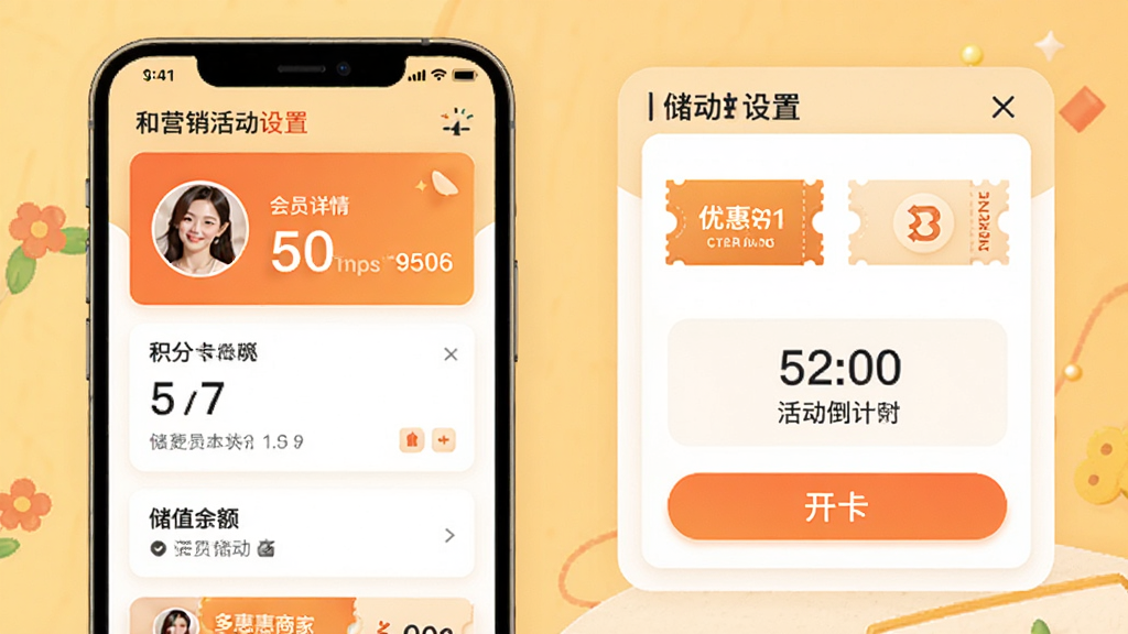 和多惠商家会员营销与储值功能界面图,主体为手机屏幕展示会员卡详情和营销活动设置页面,布局采用卡片式排版,风格为温暖活力风,细节包含会员头像、积分数字、储值余额、优惠券图标、活动倒计时、开卡按钮,画质高清,干净,无多余元素