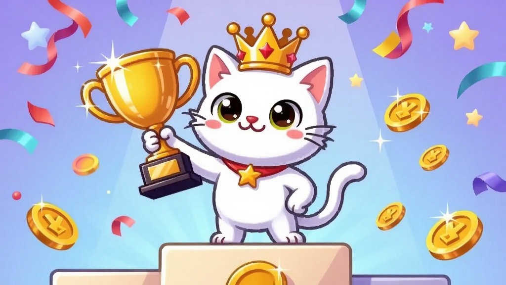 一只白色小猫站在领奖台上,头顶有金色皇冠,周围飘落彩带和金币。背景是淡紫色渐变,有星星点缀。小猫表情自豪,手里举着奖杯。布局采用仰视角度突出小猫形象。风格为可爱卡通,色彩明亮。细节上奖杯有反光效果,金币有金属质感。画质清晰,无多余元素,整体传达成就与奖励的喜悦感。