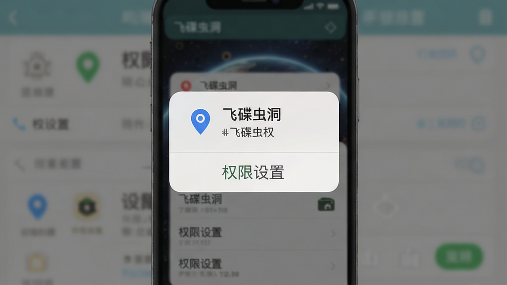 飞碟虫洞新手安装设置界面示意图,主体为手机屏幕显示权限授权弹窗与设置选项,布局为居中弹窗叠加背景模糊,风格为扁平化系统提示风格,细节包含定位图标与存储图标,画质干净简洁,图片中文字标注“飞碟虫洞”与“权限设置”