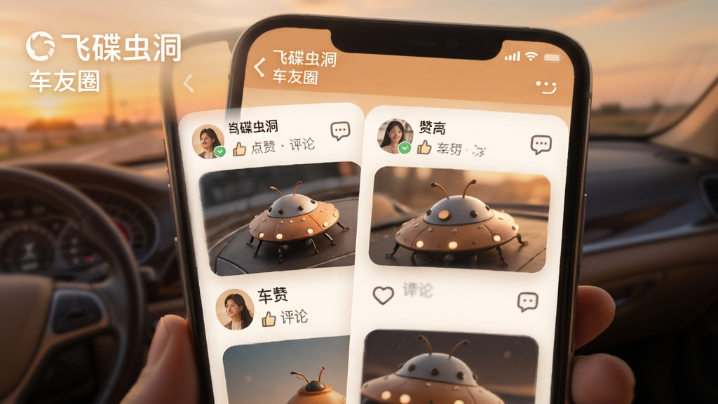 飞碟虫洞车主互动社区界面图,主体为手机屏幕显示车友动态信息流,布局为双列瀑布流排版,风格为温馨社交风格暖色调,细节包含用户头像与点赞评论图标,画质柔和清晰,图片中文字标注“飞碟虫洞”与“车友圈”