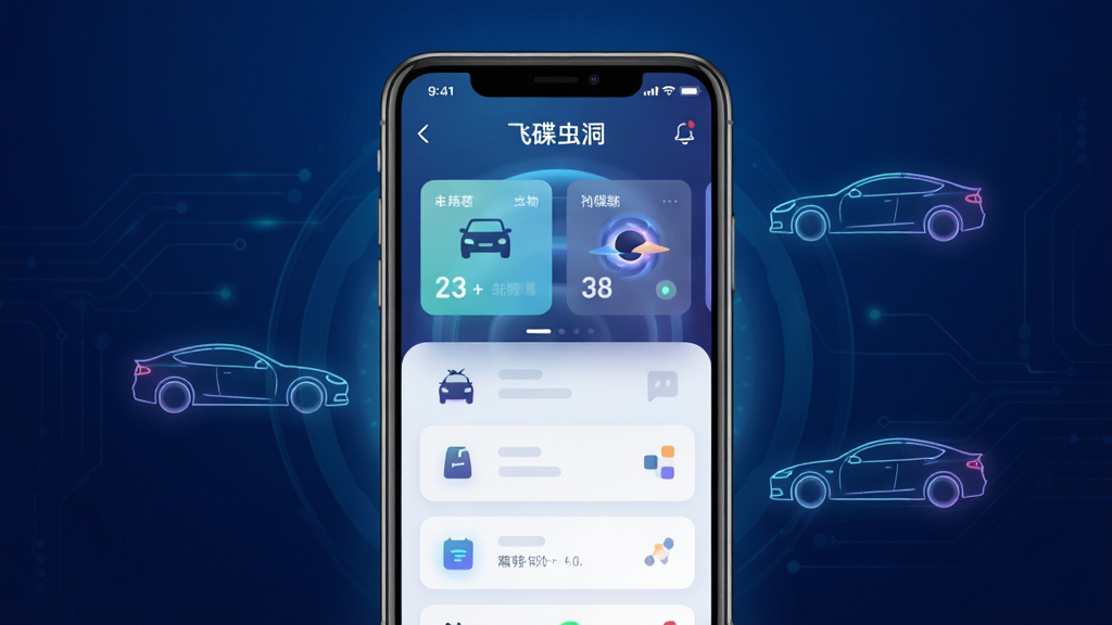 软件飞碟虫洞核心全貌展示图,主体为一部智能手机屏幕亮起显示飞碟虫洞应用主界面,界面包含车辆状态卡片与功能图标,布局采用居中对称构图,背景为深蓝色科技感渐变,风格为现代扁平化UI设计,细节包含柔和的霓虹光效与悬浮的汽车轮廓线条,画质高清干净无多余元素,图片中文字标注“飞碟虫洞”