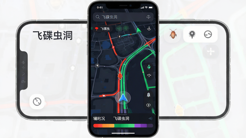 飞碟虫洞智能出行辅助导航界面图,主体为手机屏幕显示实时路况地图与导航箭头,布局为全屏地图覆盖悬浮信息条,排版顶部为搜索栏底部为路况颜色条,风格为现代科技感暗色模式,细节包含红色拥堵路段与绿色畅通路段标识,画质高清锐利,图片中文字标注“飞碟虫洞”