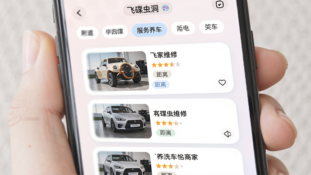 飞碟虫洞养车服务聚合页面展示图,主体为手机屏幕显示附近洗车维修商家列表,布局为纵向卡片流,排版顶部为筛选标签栏,风格为柔和浅色系圆角卡片设计,细节包含商家评分星级与距离标签,画质干净整洁,图片中文字标注“飞碟虫洞”