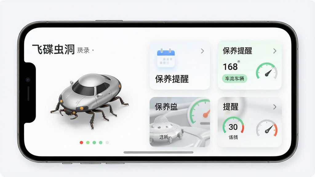 飞碟虫洞一站式车辆管理功能界面示意图,主体为手机屏幕展示车辆保养记录与提醒列表,布局为上下分栏结构,排版左侧为车辆3D模型右侧为数据卡片,风格为清爽简约的卡片式设计,细节包含日历图标与仪表盘元素,画质清晰明亮,图片中文字标注“飞碟虫洞”与“保养提醒”