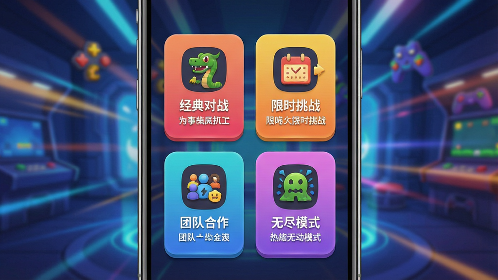 一张展示贪吃蛇大作战多种游戏模式选择界面的图片,主体是手机屏幕中央排列着四个模式入口按钮,分别标注“经典对战”“限时挑战”“团队合作”“无尽模式”,每个按钮配有对应的图标和简短说明。布局为居中对齐的卡片式排列,背景是游戏大厅的动态光效。排版为竖版9:16手机界面风格。风格为扁平化UI设计,细节包括按钮圆角、渐变底色、图标微立体。画质要求高清、干净、无多余元素。