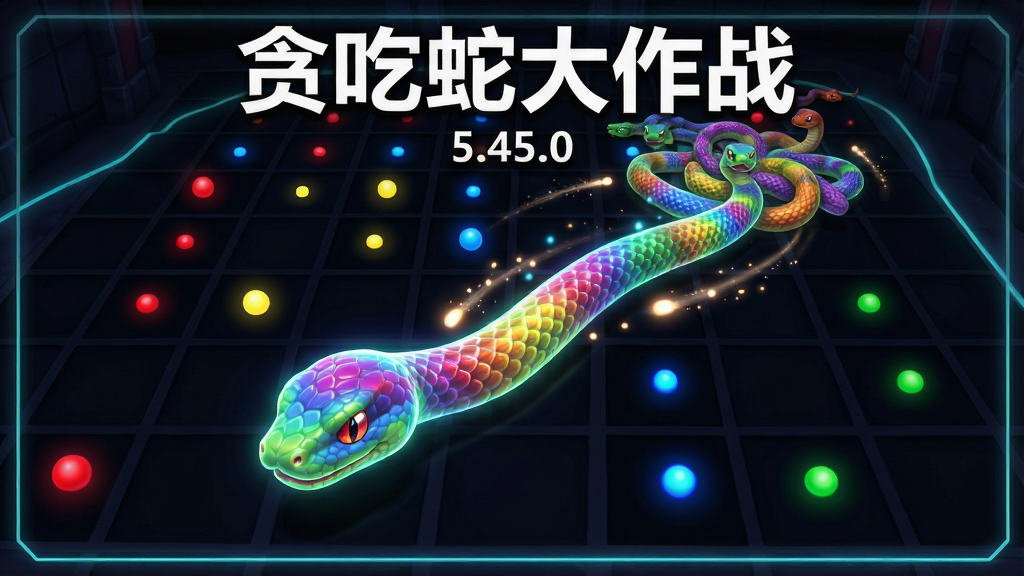 一张展示贪吃蛇大作战游戏核心画面的图片,主体是一条发光的彩色小蛇在深色网格地图中穿行,周围散布着红黄蓝绿各色光点,远处有几条其他玩家的蛇相互缠绕围堵。布局采用中心构图,蛇头位于画面偏左下方,向右上方延伸身体。排版为横版16:9游戏截图风格,画面上方居中显示白色粗体文字“贪吃蛇大作战”,下方小字“5.45.0”。风格为霓虹发光科技感,细节包括蛇身鳞片光泽、光点拖尾粒子特效、地图边缘微光。画质要求高清、干净、无多余元素。
