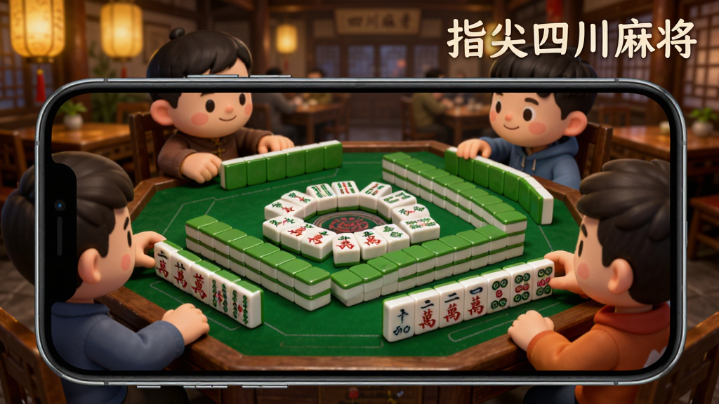 手机横屏展示四川麻将牌桌场景,画面中央摆放整齐的万、条、筒牌,四位卡通形象玩家围坐四方,牌桌铺绿色绒布,背景是四川茶馆风格,暖黄灯光,画面右上角写有