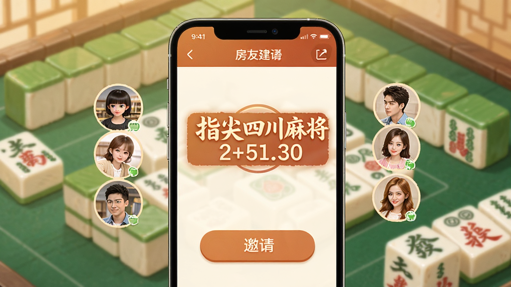 手机屏幕显示好友建房界面,房间号醒目,周围有微信好友头像和邀请按钮,界面风格温馨,背景有麻将元素点缀,画面中写有