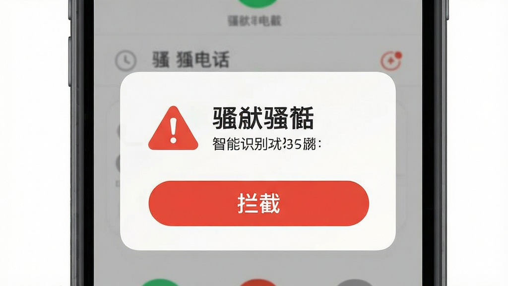 来电狐拦截骚扰电话智能识别功能展示,主体为手机来电界面弹出骚扰电话警告提示,布局为手机屏幕特写居中,排版突出警告标识,风格为简洁明快的扁平化设计,细节包含红色警告图标、骚扰电话字样、拦截按钮,画质清晰干净无多余元素