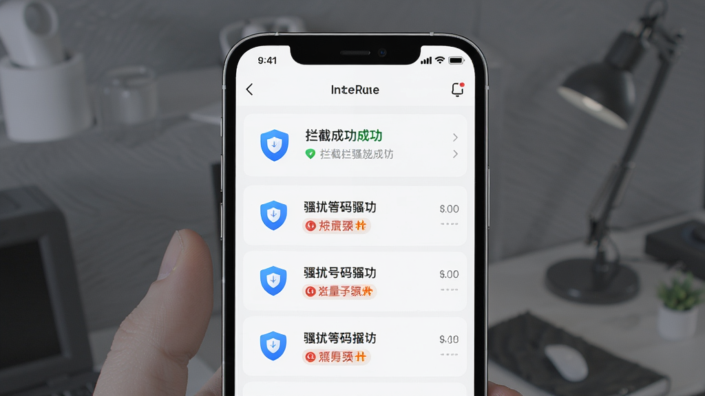 来电狐拦截骚扰电话软件界面展示,主体是一部智能手机屏幕显示拦截记录列表,布局为居中构图,排版整齐清晰,风格为现代科技感UI设计,细节包含蓝色盾牌图标、拦截成功提示、骚扰号码标记,画质高清干净无多余元素