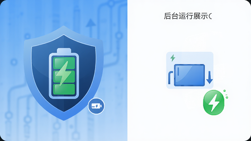 来电狐拦截骚扰电话轻量运行展示,主体为手机电池与盾牌组合图标,布局为左右对比构图,排版简洁有力,风格为科技蓝渐变色,细节包含低功耗标识、后台运行示意图、绿色节能符号,画质高清干净无多余元素