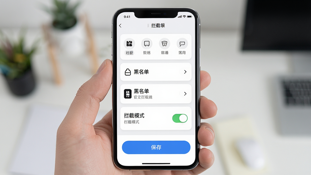 来电狐拦截骚扰电话自定义拦截规则设置界面,主体为手机屏幕显示拦截选项菜单,布局为纵向列表排版,风格为清爽简约的卡片式设计,细节包含白名单、黑名单、拦截模式切换开关、保存按钮,画质高清干净无多余元素