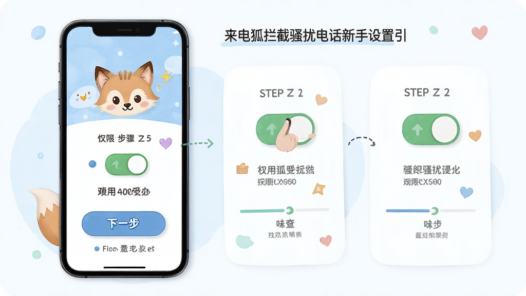 来电狐拦截骚扰电话新手设置引导页面,主体为手机屏幕展示权限授予步骤,布局为分步图解排版,风格为友好亲切的插画风,细节包含权限开关、下一步按钮、进度指示器,画质高清干净无多余元素