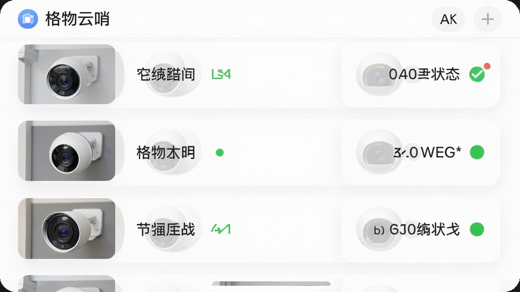 格物云哨应用内的设备管理列表界面,列表中展示多个已绑定的摄像头设备,每个设备带有自定义名称与在线状态标识,界面左侧为设备缩略图,右侧为状态文字,布局为垂直列表式,风格为清爽的移动端UI展示,细节上体现圆角卡片与状态小圆点,画质为高清4K,干净,无多余元素