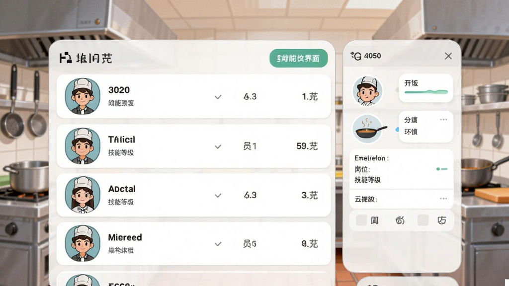 开饭员工管理界面预览图,画面展示员工列表和属性面板,包含头像、岗位、技能等级等信息,背景是餐厅后厨场景,风格卡通,布局清晰,画质干净,无多余元素