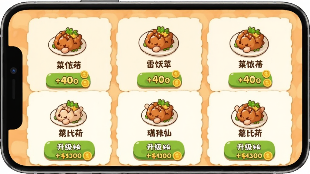 开饭菜品研发界面预览图,画面展示手机屏幕内的菜品列表,每道菜配有卡通图标和名称,下方有升级按钮和所需金币数量,界面采用暖色调,布局整齐,风格可爱,画质清晰干净,无多余元素
