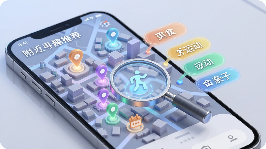 附近寻趣智能推荐界面,手机屏幕显示一张立体城市地图,地图上分布着发光的兴趣点,一个放大镜图标正在扫描周边区域,旁边弹出美食、运动、亲子等分类标签,设计风格科技感十足,色彩柔和,画质高清,干净无杂物