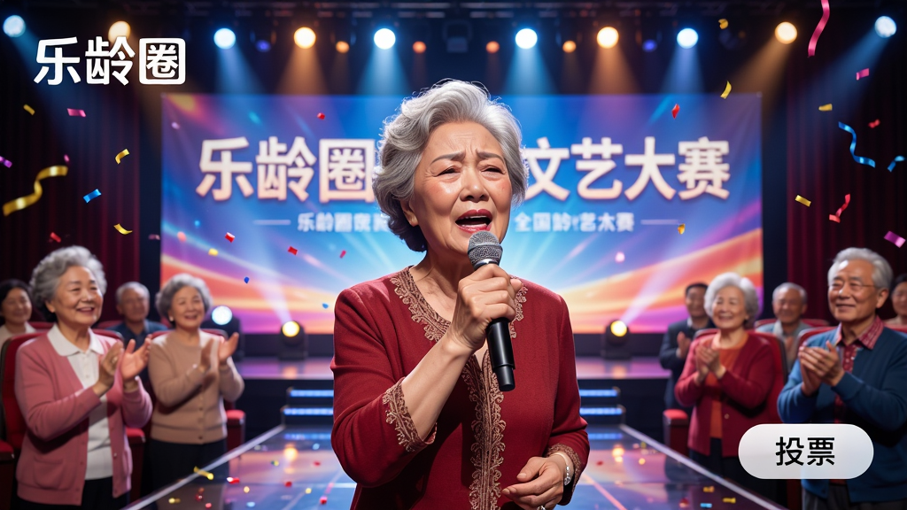 画面主体为一位精神矍铄的中老年女性手持麦克风在舞台上深情演唱,背景是绚丽的舞台灯光和“乐龄圈”全国文艺大赛的横幅。布局采用人物居中、舞台向两侧延伸的透视构图。排版上,画面左上角有“乐龄圈”Logo,右下角有投票按钮图标。风格为写实舞台摄影风,色彩饱满明亮。细节包括观众席上鼓掌的中老年朋友、飘落的彩带、舞台地面的反光。画质高清,干净,无多余元素。