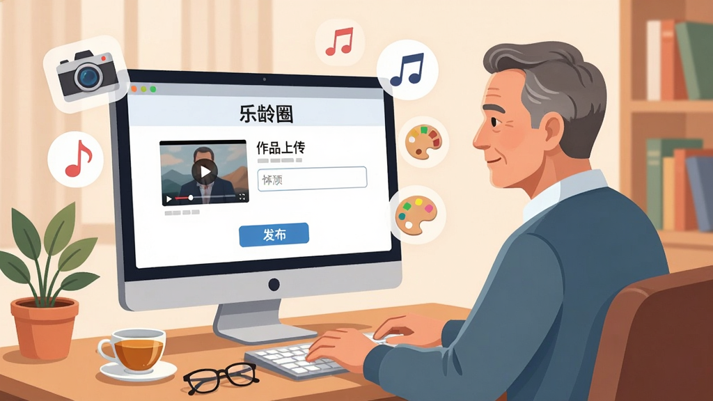 画面主体为一位中老年男性坐在书房电脑前,屏幕上显示“乐龄圈”的作品上传页面,页面上有视频封面、标题输入框和发布按钮。布局采用人物侧身、屏幕正对观众的视角。排版上,屏幕旁边漂浮着相机、音符、调色板等图标。风格为现代数字生活插画风,色调柔和温暖。细节包括书桌上的茶杯、老花镜、绿植。画质高清,干净,无多余元素。