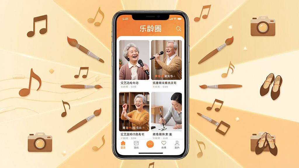 画面主体为一部智能手机,屏幕中央显示“乐龄圈”APP的首页界面,界面上有中老年用户头像、文艺活动海报和底部导航栏。布局采用居中构图,手机周围环绕着音符、画笔、相机、舞鞋等文艺元素图标,呈放射状排列。排版简洁明了,风格温馨亲切,色彩以暖橙色和浅金色为主。细节上,手机屏幕内展示几位笑容满面的中老年用户正在唱歌、跳舞、写书法。画质高清,干净,无多余元素。