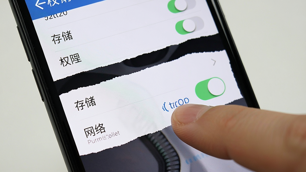 一张展示手机权限设置界面的图片,画面中手指正在点击“存储”和“网络”权限开关。主体为手机屏幕特写,布局居中,排版简洁。风格为写实UI截图,细节有权限列表和开关按钮。画质清晰,干净,无多余元素。