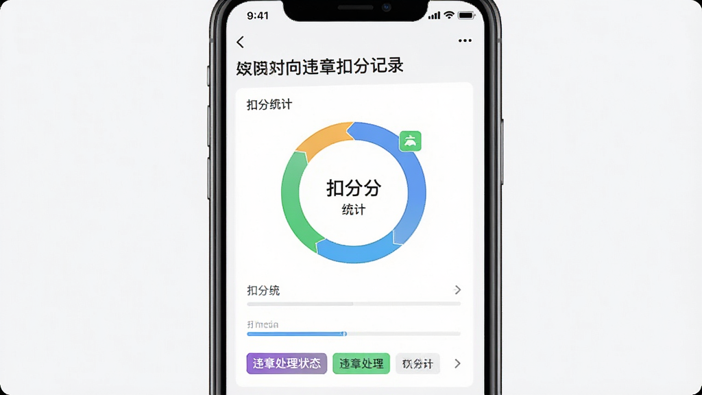 一张“违章扣分记录”软件内页截图风格图片,画面展示扣分统计环形图和违章处理状态标签。主体是手机屏幕,布局居中,排版清晰。风格为清爽的移动端UI,细节有进度条和状态角标。画质清晰,干净,无多余元素。