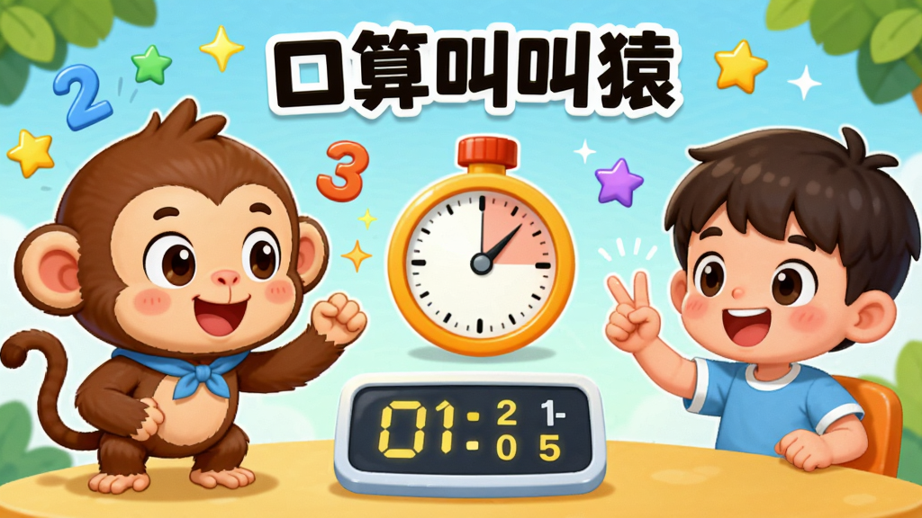 一张描绘“口算叫叫猿”趣味互动答题场景的AI生图,画面中央是两个卡通形象正在进行口算PK,左侧是可爱的猿猴角色,右侧是小朋友,中间是醒目的计时器和得分板,布局采用对战式构图,风格为活泼卡通,细节包括飞舞的数字、闪烁的星星、加油手势,画质明亮清晰,画面干净,无多余杂乱元素