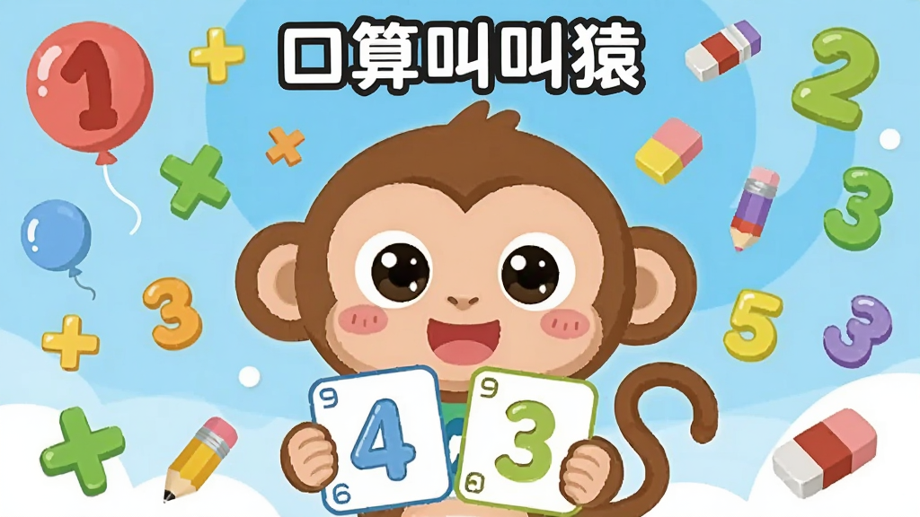 一张以“口算叫叫猿”软件界面为主题的插画,画面中央是一个可爱的卡通猿猴形象,正在手持数字卡片,背景是色彩明快的数学符号和数字漂浮元素,整体布局采用居中构图,风格为卡通扁平化,细节包括数字气球、铅笔、橡皮擦等学习用品,画质清晰明亮,干净整洁,无多余杂乱元素