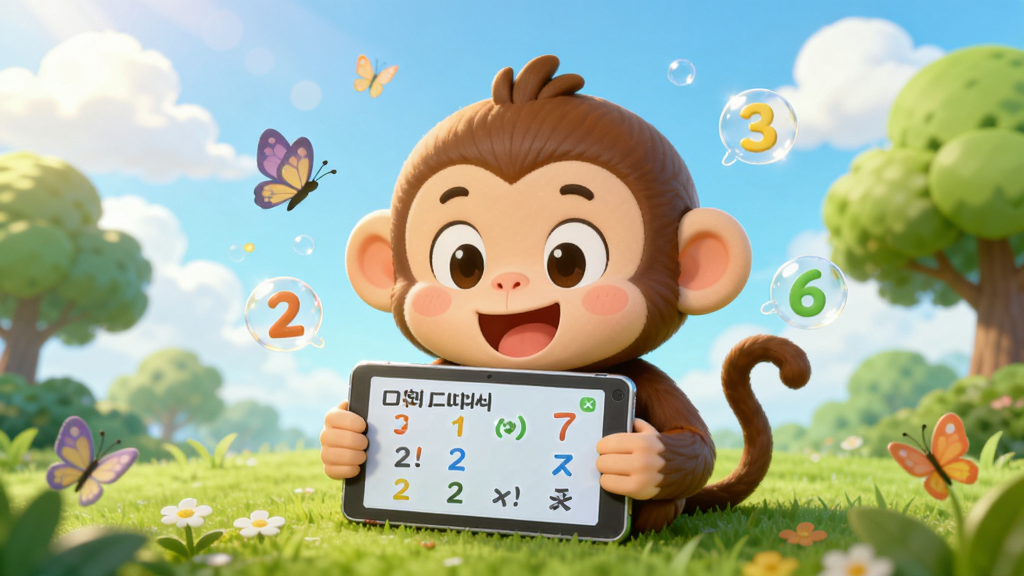 一张表现“口算叫叫猿”离线畅玩功能的AI生图,画面主体是一个卡通猿猴在户外草地上拿着平板电脑开心地做题,背景是蓝天白云和绿树,布局采用中心放射式构图,风格为清新自然卡通,细节包括飞舞的蝴蝶、阳光光斑、数字气泡,画质柔和明亮,画面干净,无多余元素