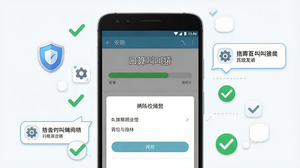 一张展示“口算叫叫猿”新手使用指南的AI生图,画面主体是一部安卓手机屏幕,屏幕上显示着软件安装进度条和权限设置界面,手机周围环绕着勾选标记和提示气泡,布局采用中心聚焦式构图,风格为简洁科技风,细节包括盾牌安全图标、齿轮设置图标、对勾确认符号,画质清晰锐利,画面干净,无多余元素