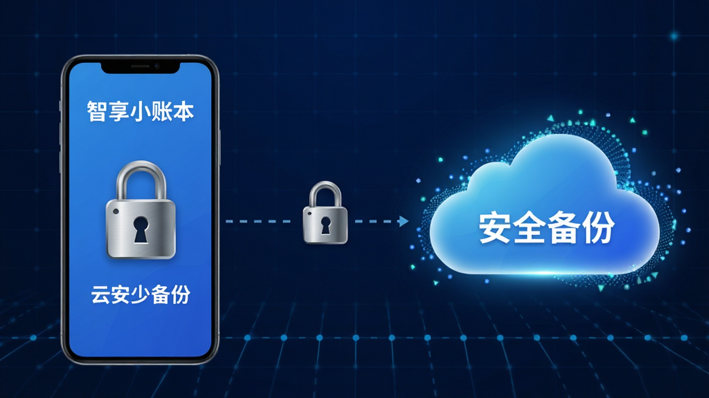 画面主体为“智享小账本”的云同步示意图,画面左侧是一部手机,右侧是一朵发光的云,中间由带有锁形图标的虚线连接。布局采用左右对称构图,背景为深蓝色科技感网格。风格为扁平化科技风,细节上锁形图标带有金属光泽,云朵边缘有数据流粒子效果。画质要求4K超高清,画面中文字“安全备份”以白色显示,整体干净无多余元素。