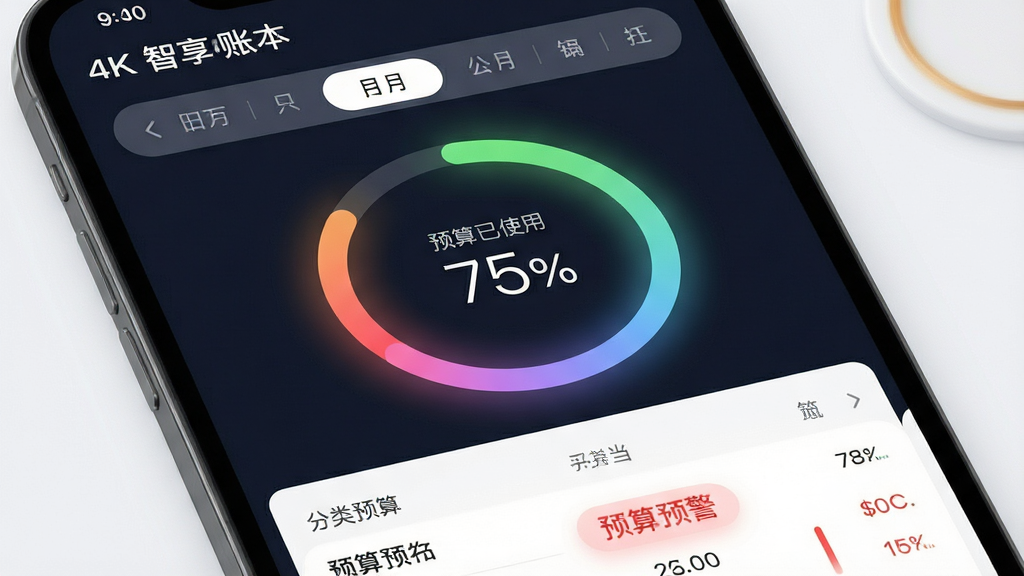 画面主体为“智享小账本”的预算管理界面,屏幕中央是一个巨大的彩色环形进度图,显示预算已使用75%。布局采用上下结构,上方为月份切换栏,下方为分类预算明细列表。风格为极简商务风,细节上进度条带有光晕效果,数字字体纤细清晰。画质要求4K超高清,画面中文字“预算预警”以柔和红色显示,整体干净利落,无杂乱信息干扰。
