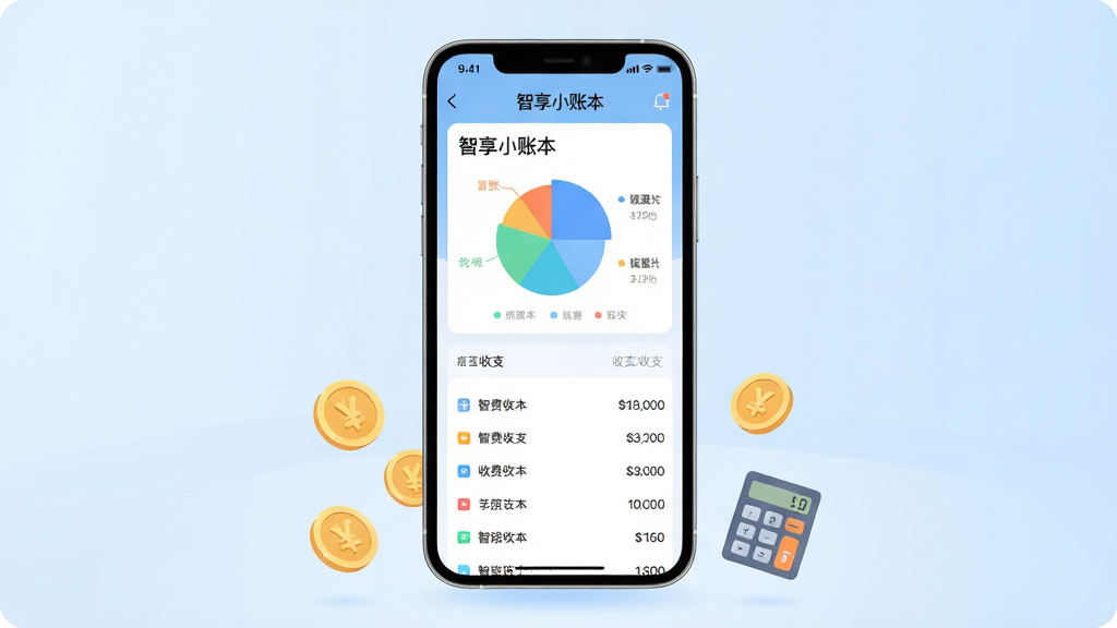 画面主体为一部智能手机,屏幕显示“智享小账本”的记账主界面,界面中包含饼状消费图表和清晰的收支列表。布局采用居中构图,手机下方悬浮着几枚金币和计算器图标,背景为柔和的浅蓝色渐变。风格为现代扁平化UI设计,细节上屏幕内文字清晰可见,图标圆润精致。画质要求4K超高清,画面干净无多余元素,整体色调清新明亮,突出财务管理的秩序感。