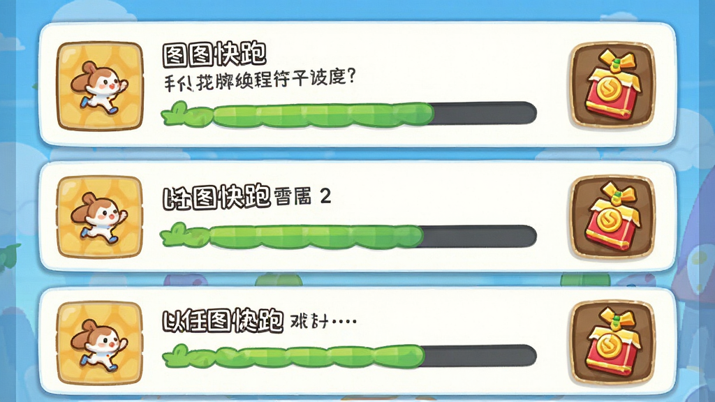 画面主体是卡通风格的任务列表界面,布局为竖向列表展示多个任务条目,排版清晰,风格为休闲游戏UI界面,细节包含任务描述、进度条、奖励图标,画质高清,干净,无多余元素,画面中文字写“图图快跑”。