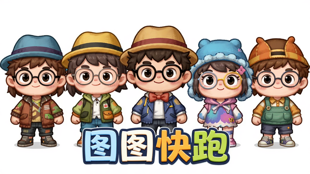 画面主体是多个不同装扮的卡通角色站成一排,布局为角色展示界面,排版居中,风格为卡通Q版,细节包含各种帽子、眼镜、服饰搭配,色彩丰富,画质高清,干净,无多余元素,画面中文字写“图图快跑”。