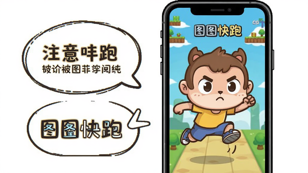 画面主体是一个卡通角色在手机屏幕前做出跳跃动作,旁边有提示气泡写着注意事项,布局为角色与手机并排,排版简洁,风格为卡通提示风格,细节包含手机屏幕显示游戏画面、角色表情认真,画质清晰,干净,无多余元素,画面中文字写“图图快跑”。
